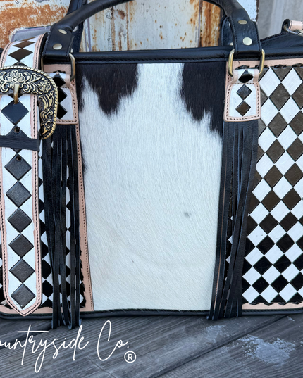 Tinsley Checkered Leather Cowhide Tote, Computer Bag