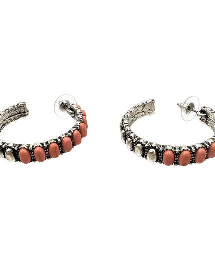 Peach Pink Color Stone C Hoop Earrings