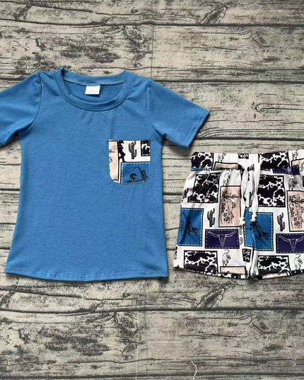 Baby Boys Western Blue Pocket Top Rodeo Shorts Clothes Sets