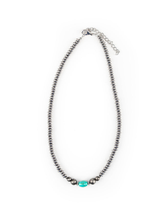 16" Silver Disc Beaded Necklace with Green Turquoise