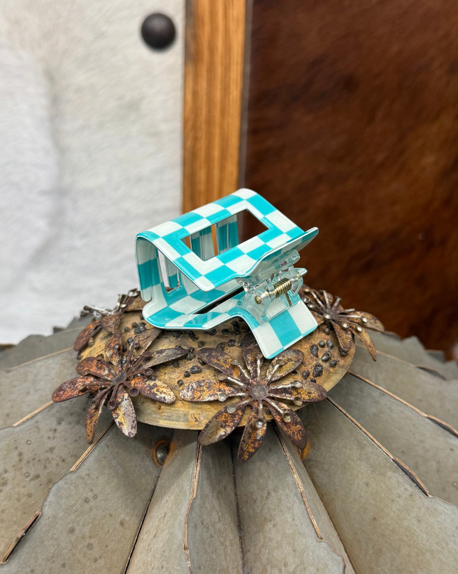 Mini Checked Funky Turquoise Clip