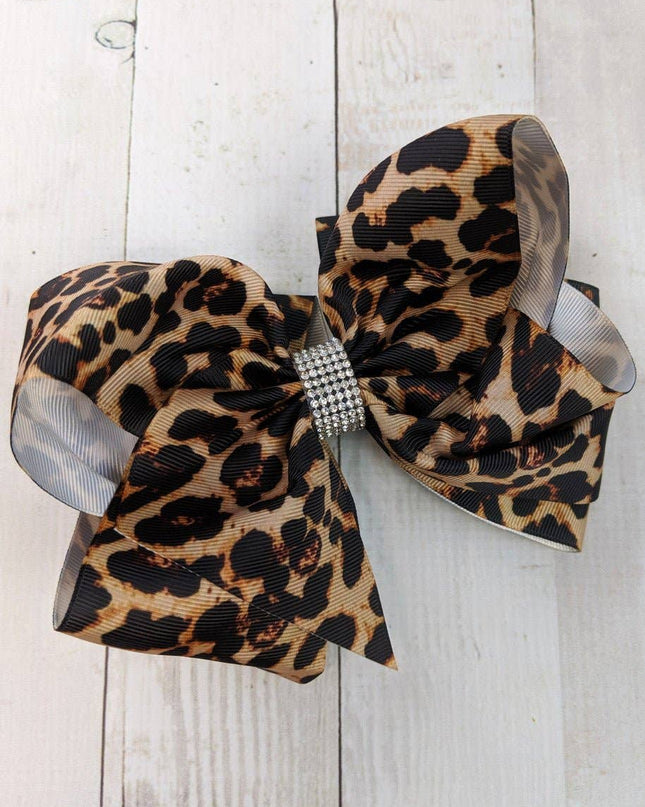 Animal Print Rhinestone Center Bow (Alligator Clip)  6"