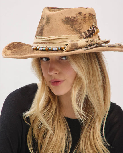 Distressed Fabric Band Feather Cowgirl Fedora Hat