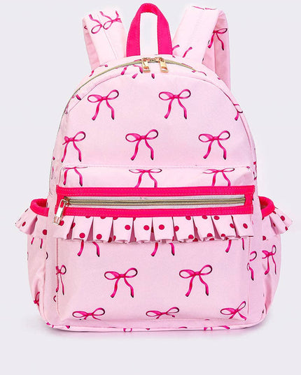 Bow Print Girls Ruffle Backpack