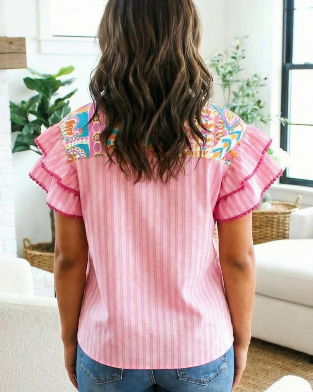 Boho Mixed Print Ruffled Blouse SS26 | S-XL & Plus 1X-4X