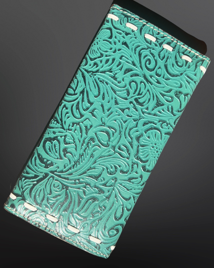 Tooled Leather Turquoise Cowhide Zip Close Wallet