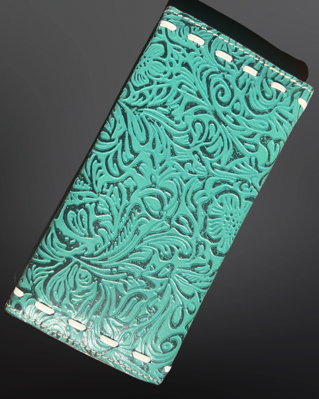 Tooled Leather Turquoise Cowhide Zip Close Wallet