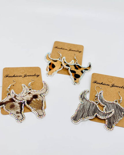 Western Style Cowboy Rhinestone Cowhide Cowhead Earrings -WJ
