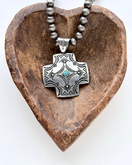 Western Style Navajo Pearl Turquoise Cross Pendant Necklace