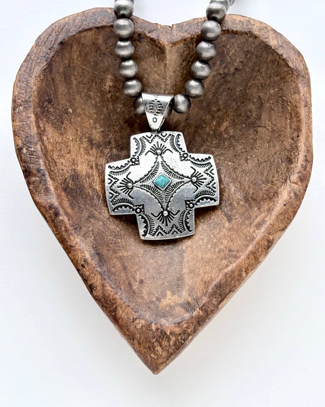 Western Style Navajo Pearl Turquoise Cross Pendant Necklace