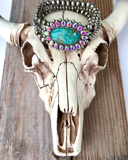 3 Layered Navajo Pearl Stretch Bracelet w/ Turquoise Stone