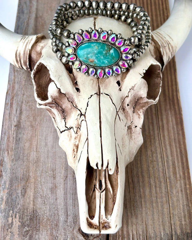 3 Layered Navajo Pearl Stretch Bracelet w/ Turquoise Stone