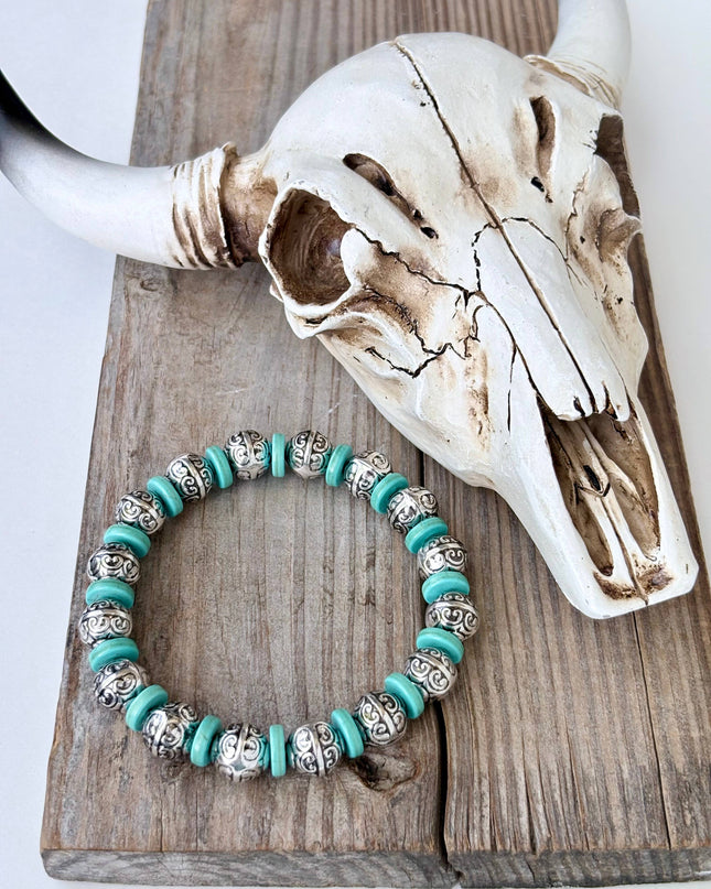 Western Style Turquoise Stone Beaded Stretch Bracelet