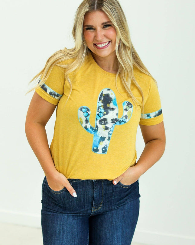 Cactus and Turquoise on Mustard Tee with Cowprint