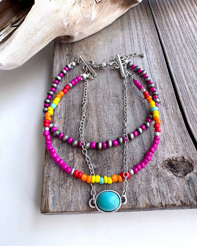 3 Layered Navajo Style Pearl Bead & Stone Concho Bracelet