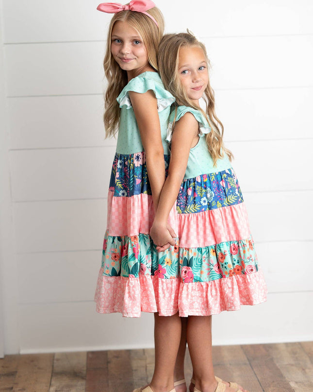 Girls Ava Mint Pink Spring Summer Easter Floral Tiered Dress