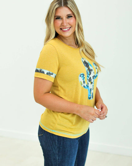 Cactus and Turquoise on Mustard Tee with Cowprint