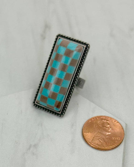 RIZ240537-01         Silver metal checker print bar Ring