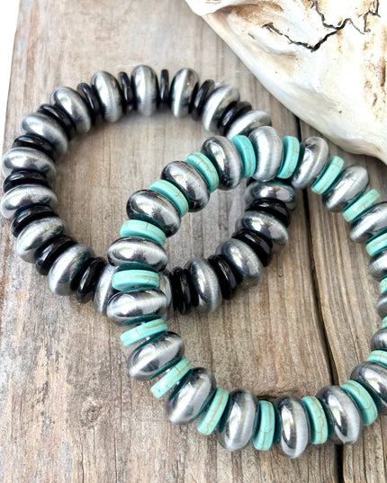 Western Style Flat Navajo Pearl & Turquoise Stretch Bracelet