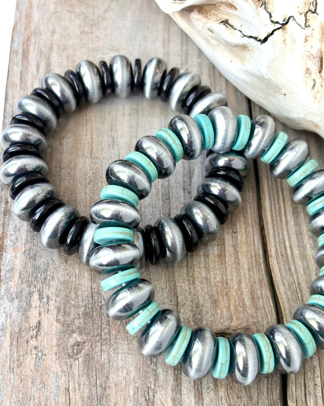 Western Style Flat Navajo Pearl & Turquoise Stretch Bracelet