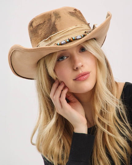 Distressed Fabric Band Feather Cowgirl Fedora Hat