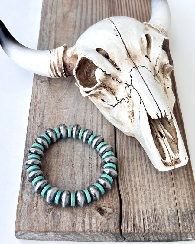 Western Style Flat Navajo Pearl & Turquoise Stretch Bracelet