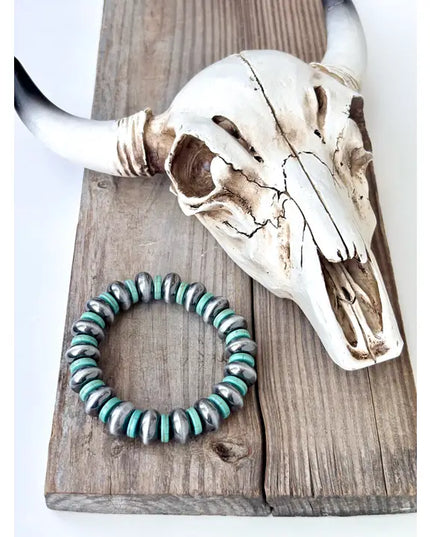 Western Style Flat Navajo Pearl & Turquoise Stretch Bracelet