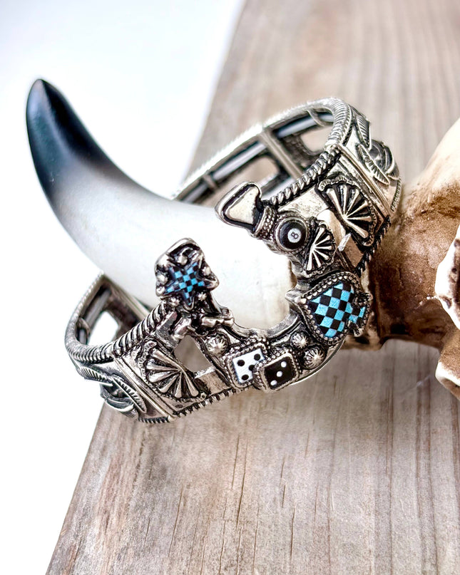 Western Horseshoe Spade Checker Stretch Bracelet - White