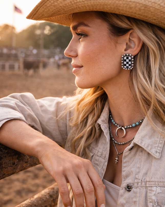 Rodeo Check Concho Stud Earrings