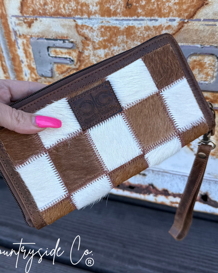 Checkered Cowhide Womens Wallet Wristlet Trendy