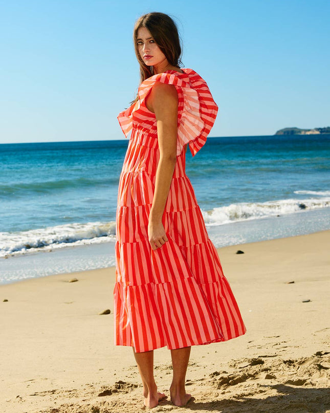 ID4508 Striped Ruffle-Sleeve Tiered Cotton Midi Dress