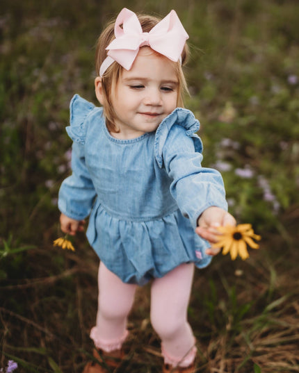 Baby Girls Light Wash Denim Long Sleeve Flutter Bubble Romper