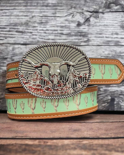Cactus printed kids belt with longhorn cow buckle. ACG65153006 S