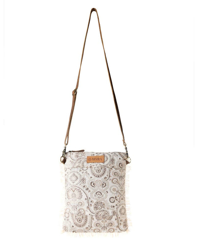 Loom Tapestry upcycled canvas crossbody Bag for Women in sage with fringe detail