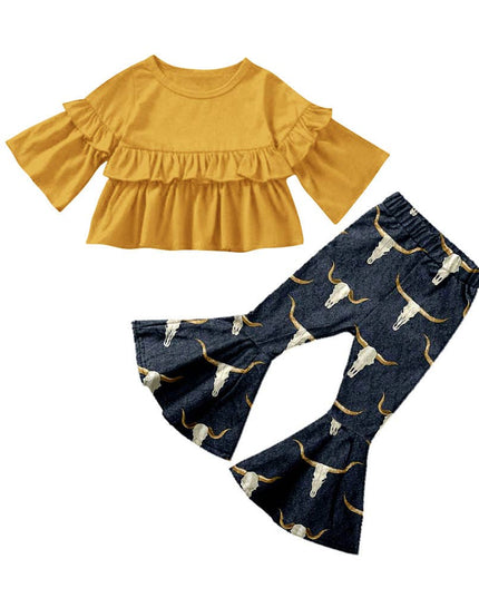 Baby Girls Cow Rufle Top Bell pants clothes sets