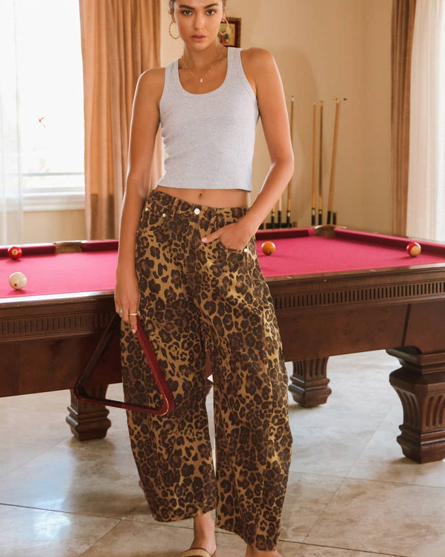 Washed Leopard Printed Barrel Jean