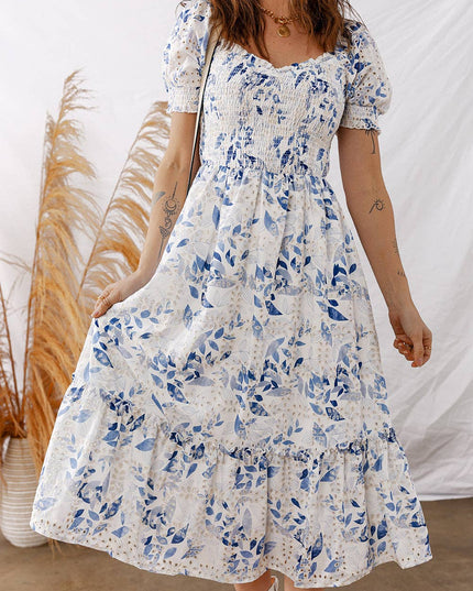 Sky Blue Smocked Bodice Short Puff Sleeve Tiered Floral Midi Dress