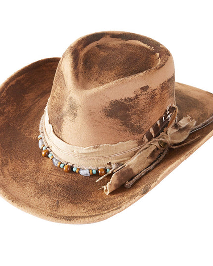 Distressed Fabric Band Feather Cowgirl Fedora Hat