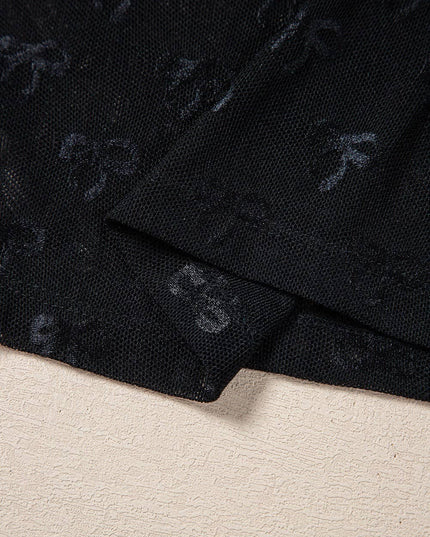 Sheer Mesh Bow Print Long Sleeve Top