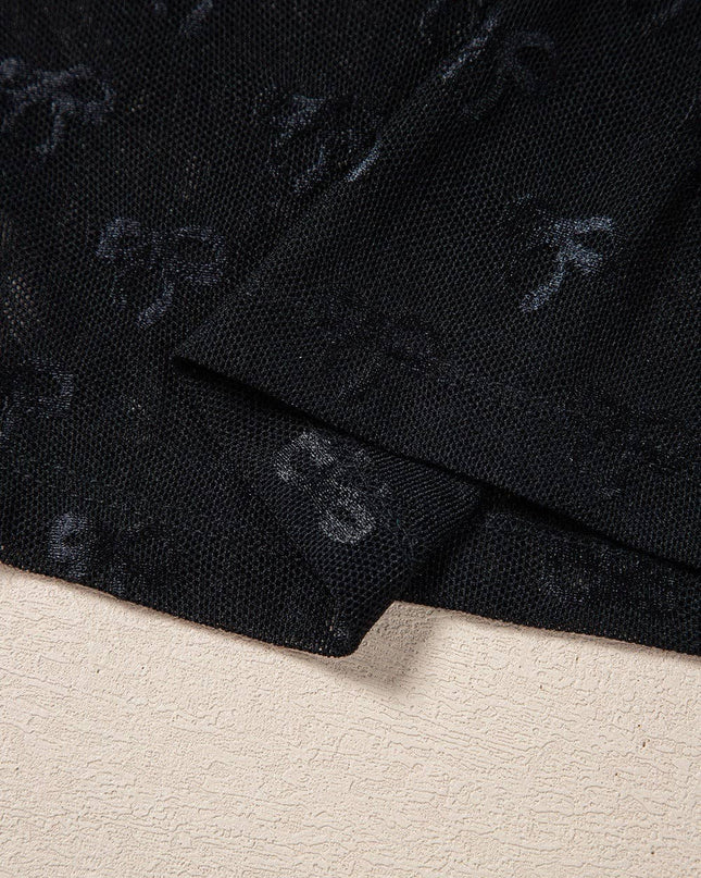 Sheer Mesh Bow Print Long Sleeve Top