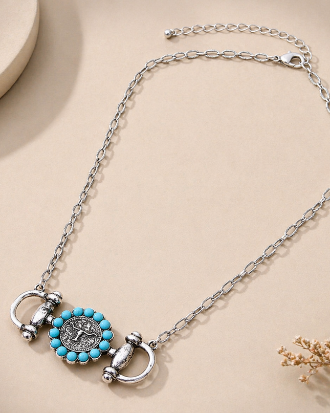 Western Style Horsebit Pendant Link Chain Steerhead Necklace