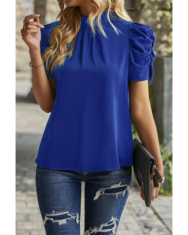 Solid Puff Short Sleeve Mock Neck Pleated T Shirt