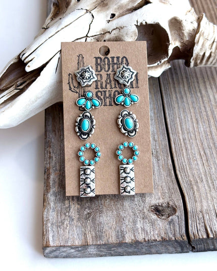 5 Pair Western Theme Stone Stud Earring Set