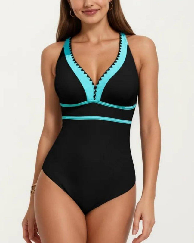 One Piece Swimsuit with Deep V Neck Contrast Trim and Sculpted Waist Design