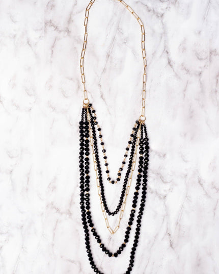 LATE NIGHTS IN NEW YORK CITY BLACK CRYSTAL LAYERED GOLD LINKED NECKLACE