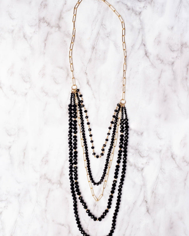 LATE NIGHTS IN NEW YORK CITY BLACK CRYSTAL LAYERED GOLD LINKED NECKLACE