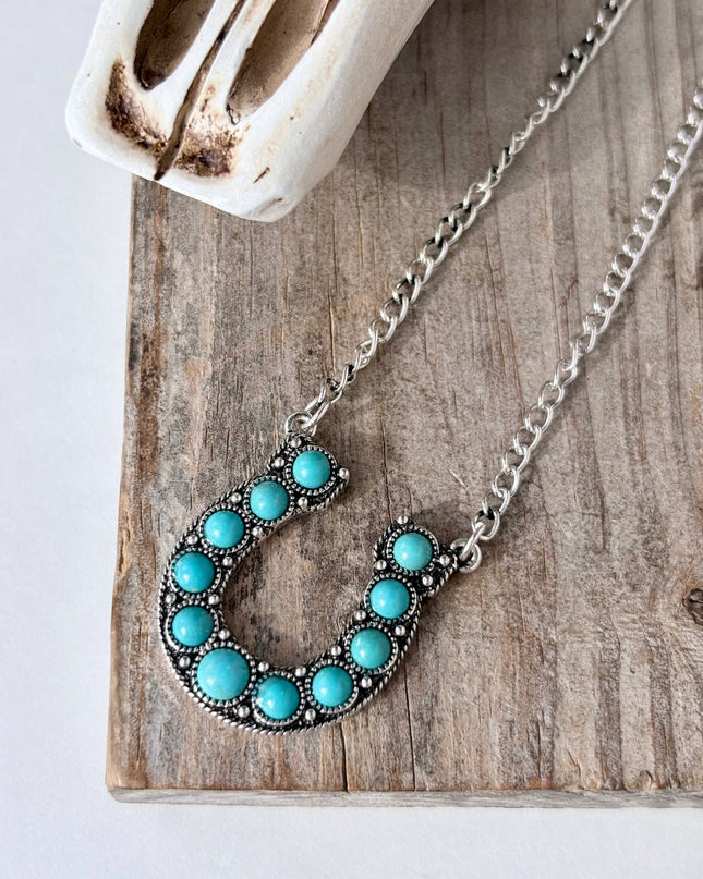 Western Style Turquoise Stone Pendant Link Chain Necklace