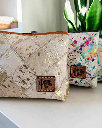 Checkered Western Cowhide Makeup Bag Travel