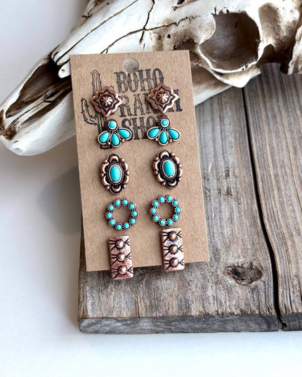 5 Pair Western Theme Stone Stud Earring Set