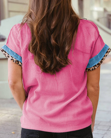 Leopard Patchwork Corded Knit Crew Neck T Shirt